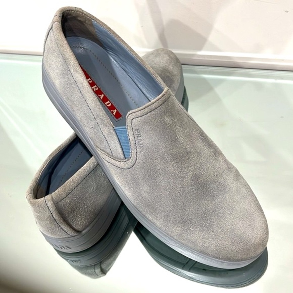 Prada Suede Leather Slip On Loafers Grey Blue size 41